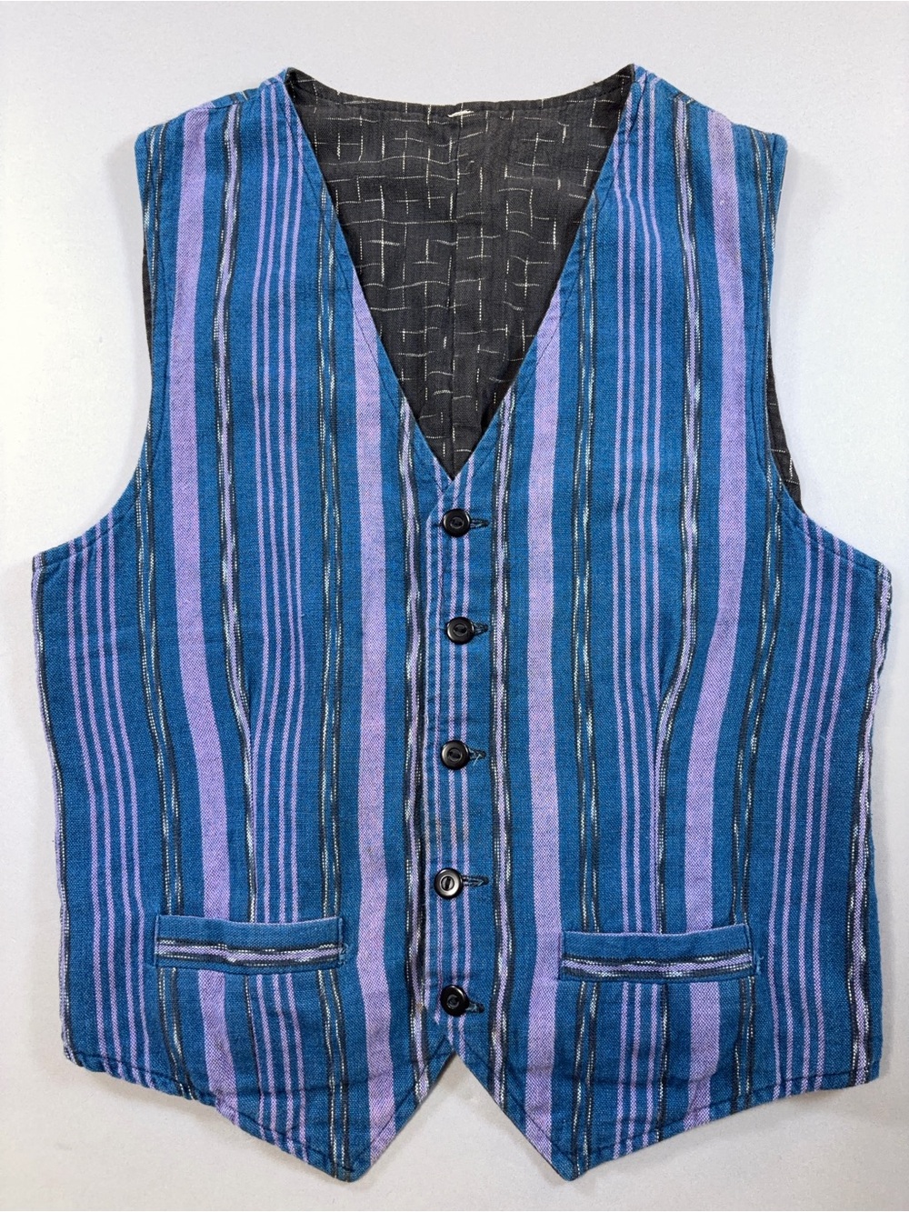 Vintage Reversible Woven Vest Blue Purple or Charcoal Gray 5 Button Elastic Back